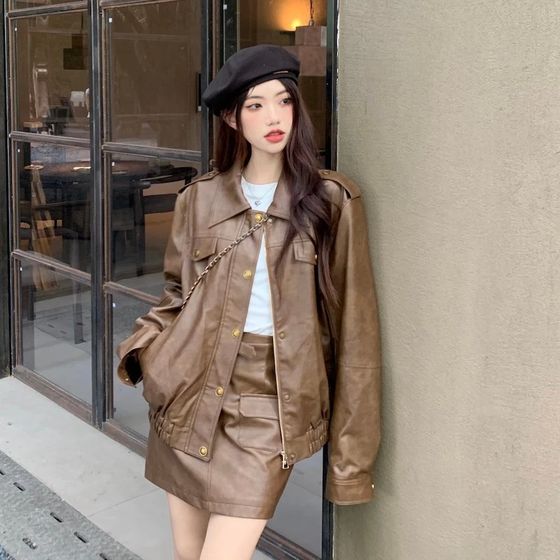 2023秋新款复古咖色PU皮衣外套女皮夹克高腰短裙气质两件套装潮牌