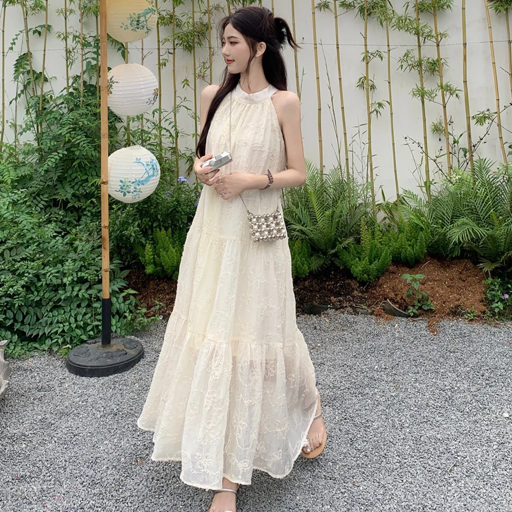 高级感法式浪漫挂脖连衣裙宽松显瘦茶歇气质度假风无袖长裙仙女裙