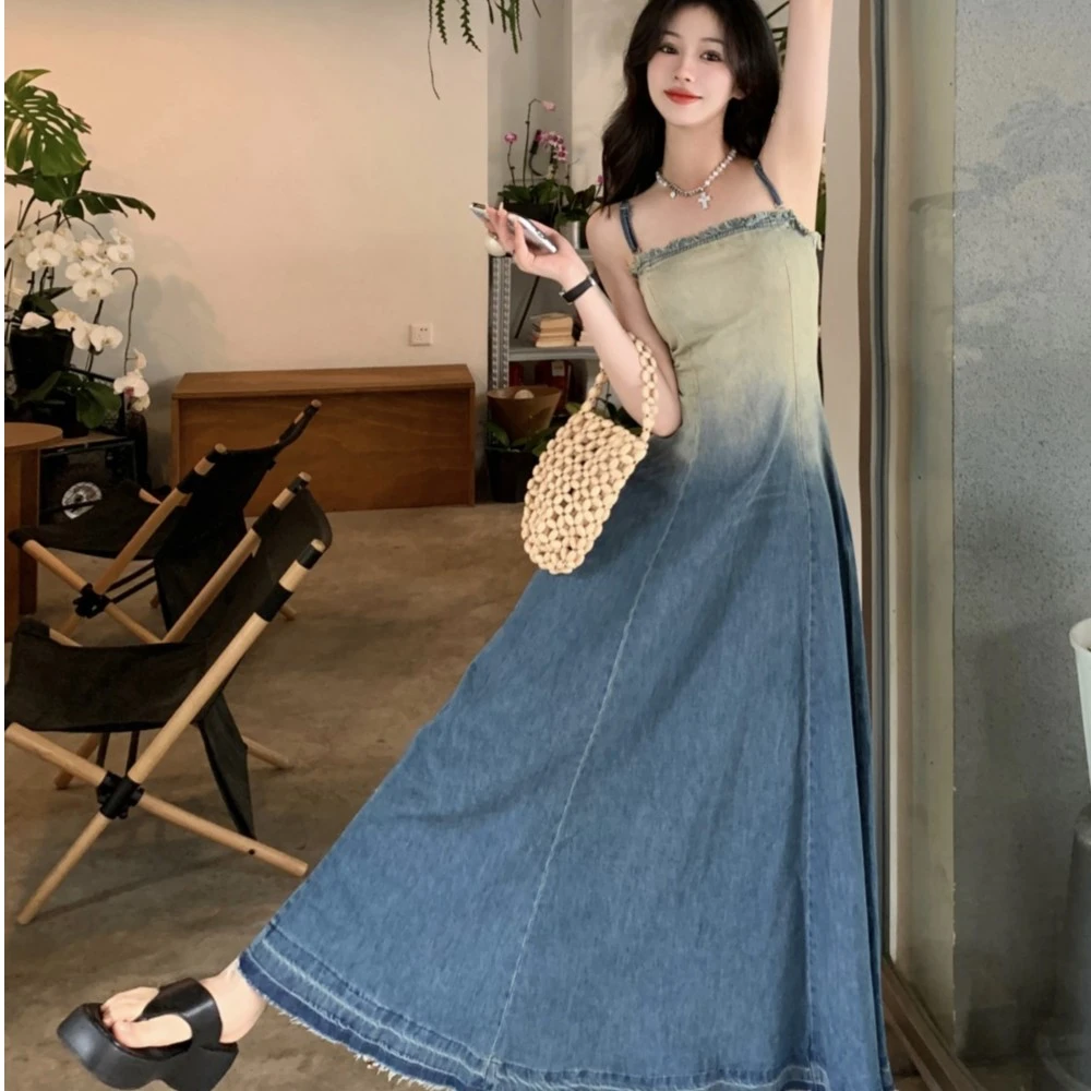 渐变色牛仔吊带裙高个子收腰显瘦水洗毛边A字抹胸长裙女连衣裙夏