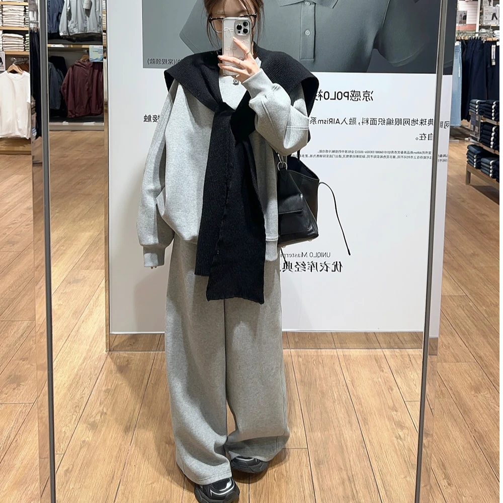 博主风重工双线缝合圆领简约太空棉卫衣卫裤休闲套装2024秋季新款