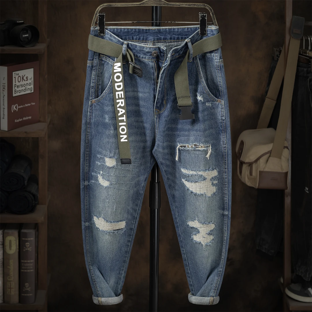 po破洞潮牌哈伦9分牛仔裤男潮ins乞丐个性高街补丁宽松春秋九分裤