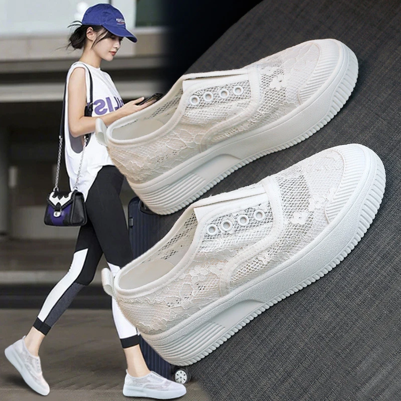 大码渔夫鞋41一43夏季2023新款蕾丝网面透气平底懒人一脚蹬孕妇鞋