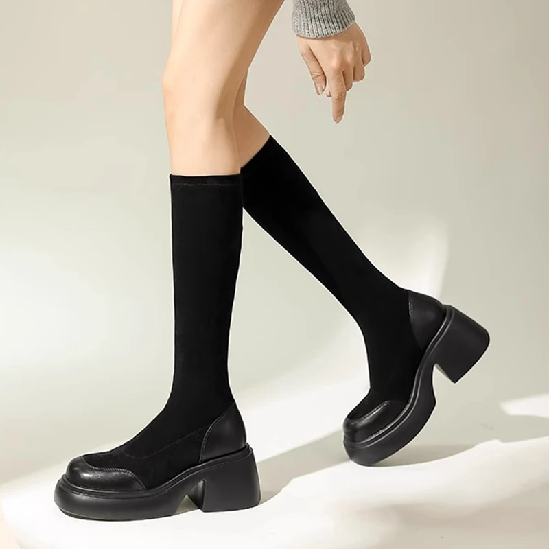 高跟长筒袜靴2024秋冬爆款长靴高筒增高厚底弹力瘦瘦靴御姐范女鞋