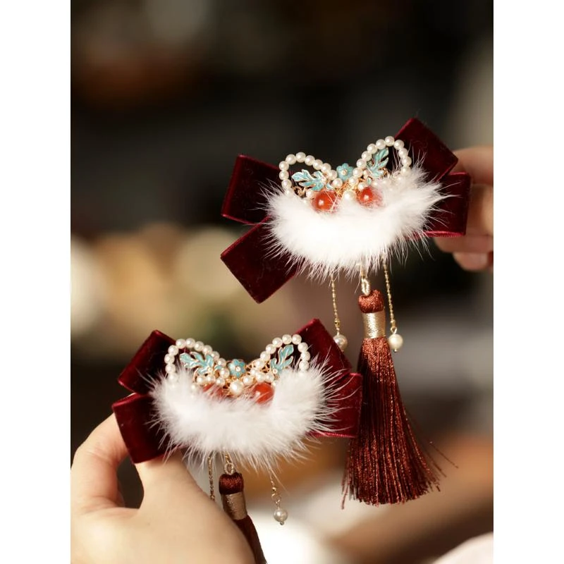 醒狮边夹发夹女后脑勺过年毛毛红色流苏穗子夹子汉服配饰古风头饰