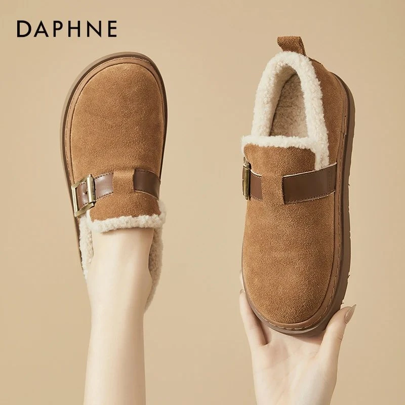 达芙妮加绒保暖雪地靴女一脚蹬毛毛鞋冬季外穿棉鞋低跟勃肯面包鞋