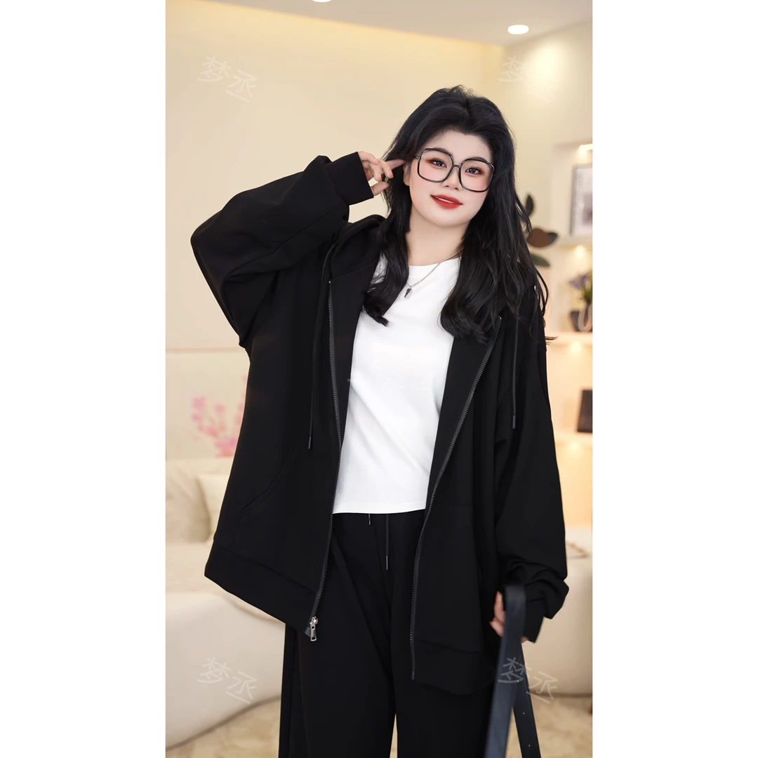 梦丞-胖妹妹大码女装纯色简约情侣百搭遮肉连帽长袖卫衣外套