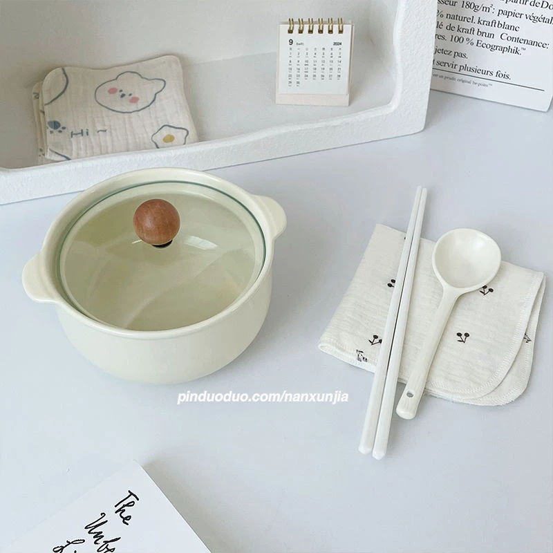 ins奶油色陶瓷泡面碗带盖学生宿舍用双耳面碗家用方便面碗一人食