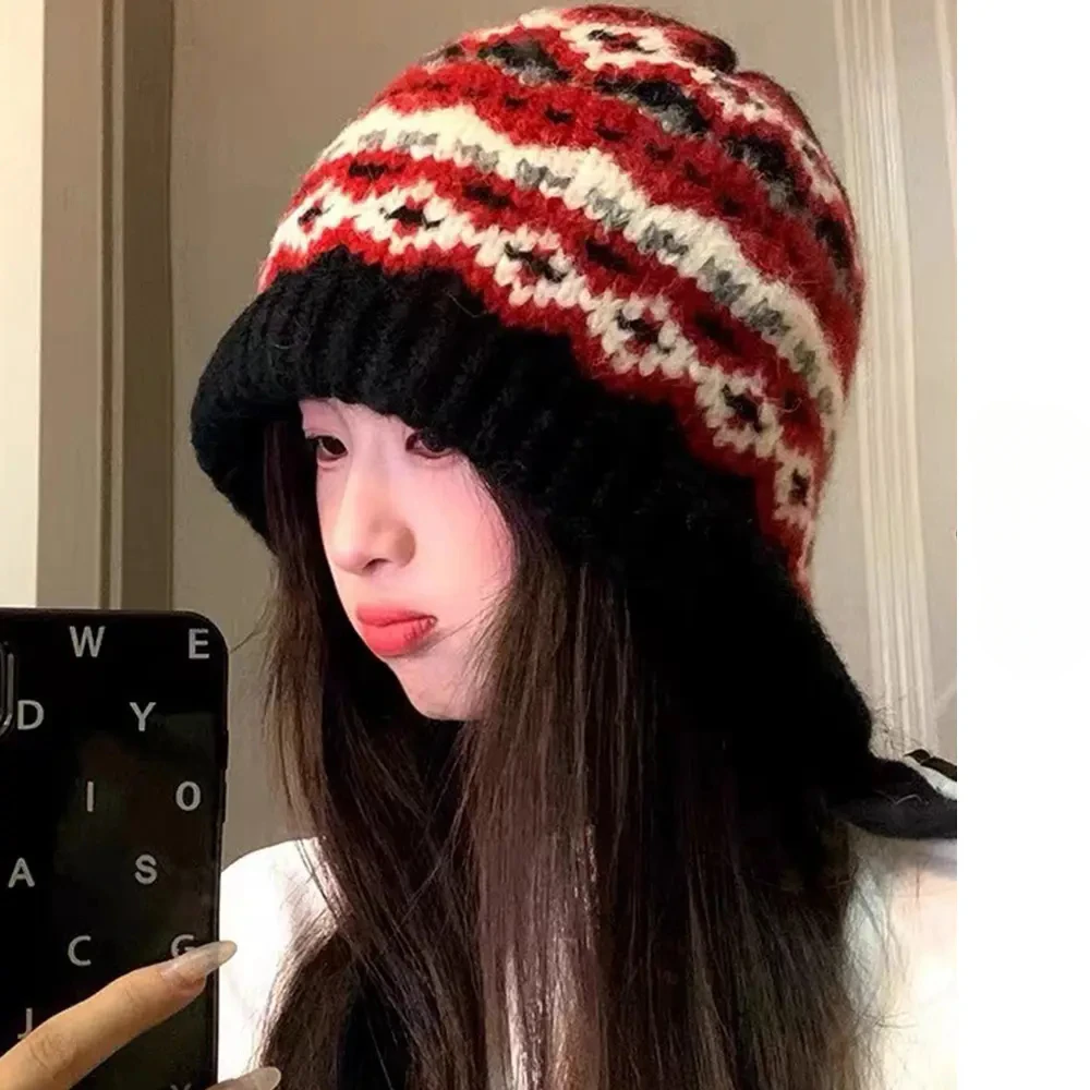 【冬季新款】费尔岛风针织帽子女复古两用包包帽保暖毛线帽子Xxj