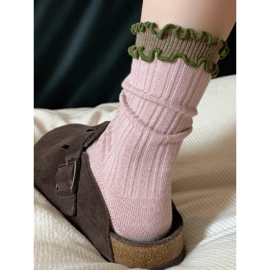 夏季网红款复古感拼色可爱日系薄款长筒袜复古木耳花边袜堆堆袜T9