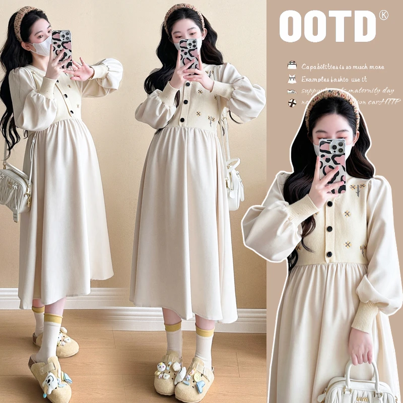 孕妇秋装2025秋季新品韩版时尚重工刺绣宽松显瘦减龄拼接连衣裙子