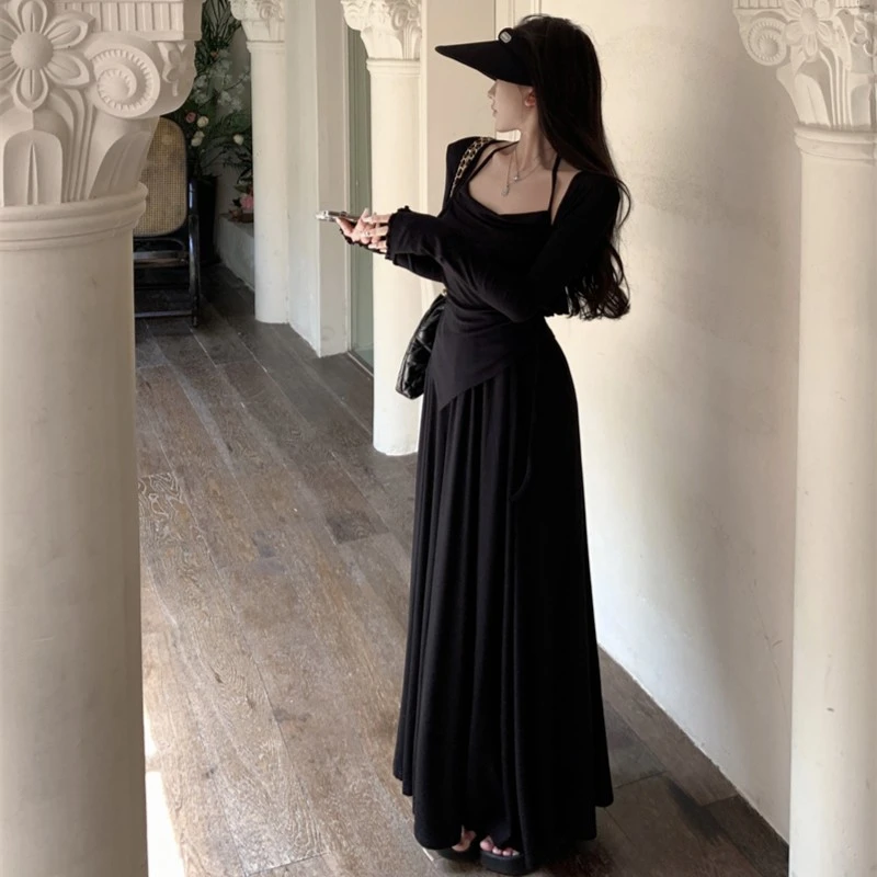 2222法式女秋时髦荡领上衣挂脖背心防晒开衫外套宽松长裤三件套