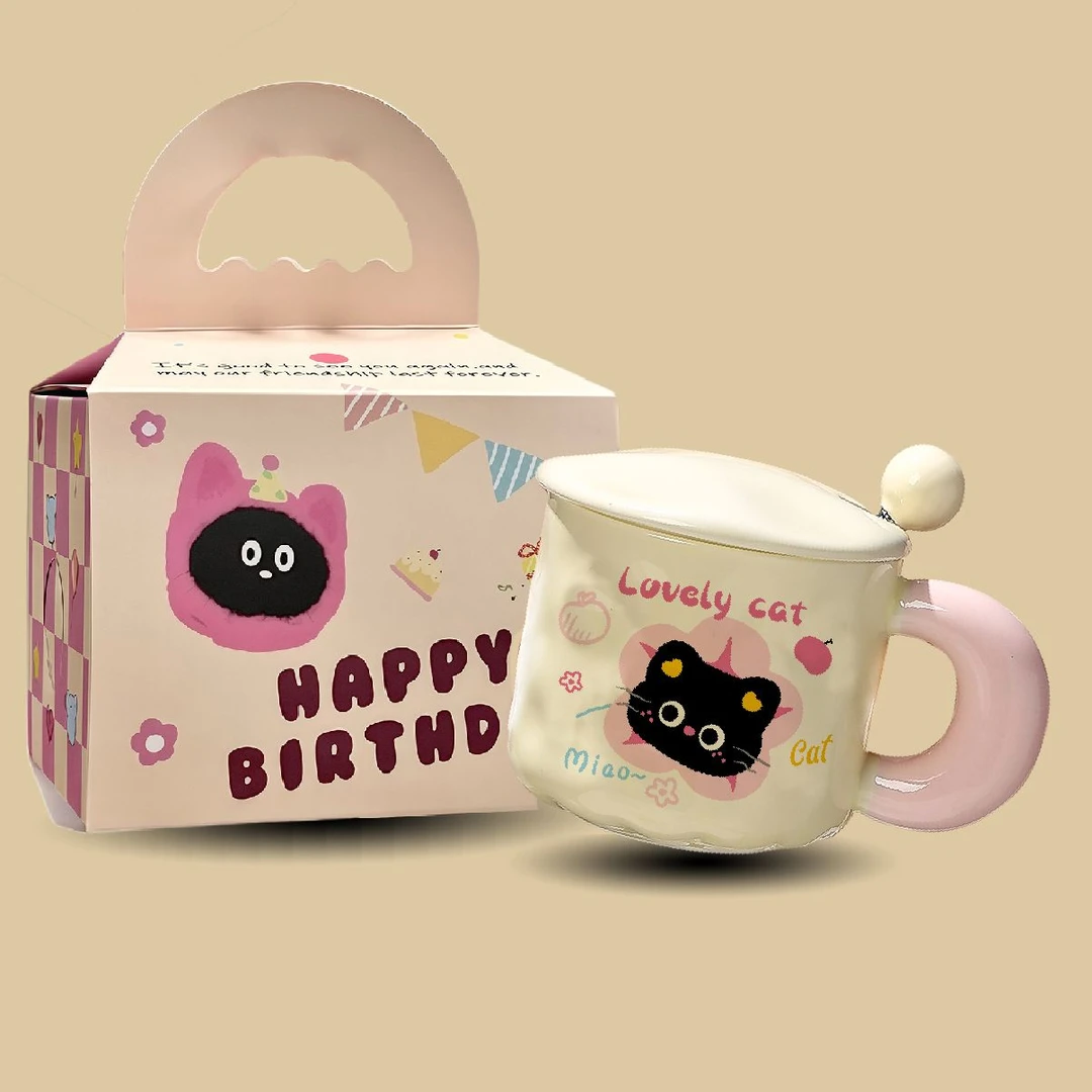 少女心小猫马克杯可爱奶fufu卡通家用带盖水杯送姐妹朋友生日yw