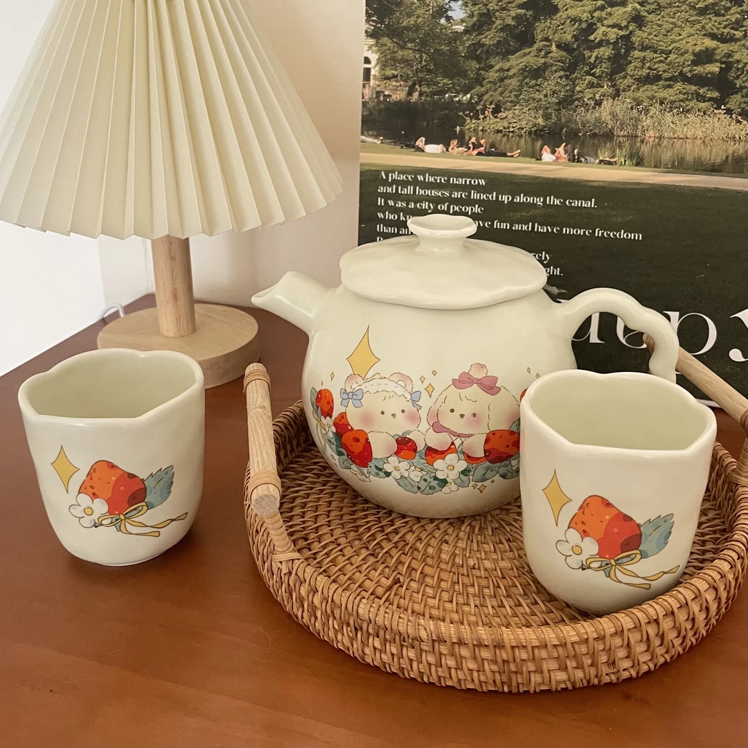 哑光可爱小兔小熊家用大容量陶瓷带盖少女凉水壶手捏（一壶4杯）