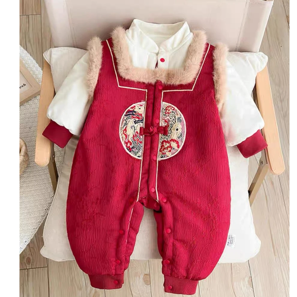 婴儿冬季拜年服男女宝宝中国风加厚加绒连体衣爬红色百天满月周岁
