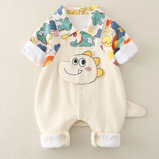 卡通恐龙春秋双层男宝宝外出服爬爬服连体衣哈衣婴儿翻领假两件