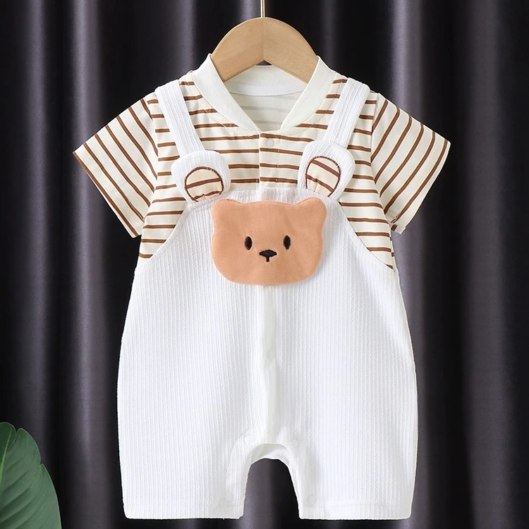 棕色小熊男宝宝夏季连体衣哈衣满月百天外出服假俩件婴儿新生儿