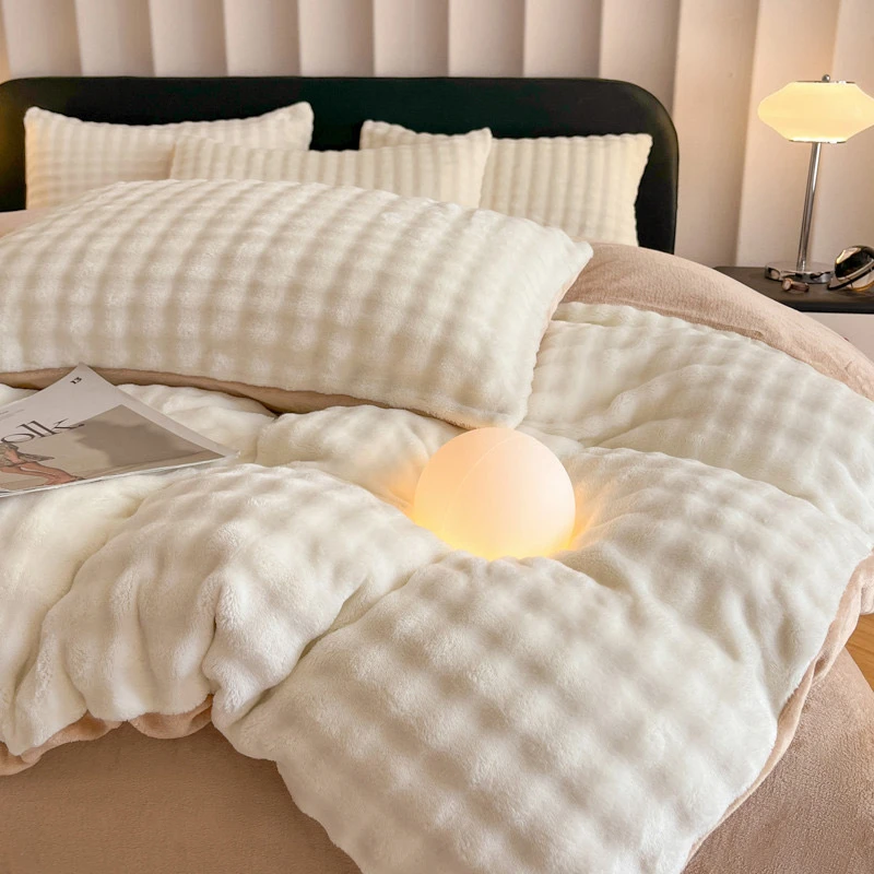 冬天加厚泡泡绒牛奶绒纯色四件套单人双人双面绒加绒超柔