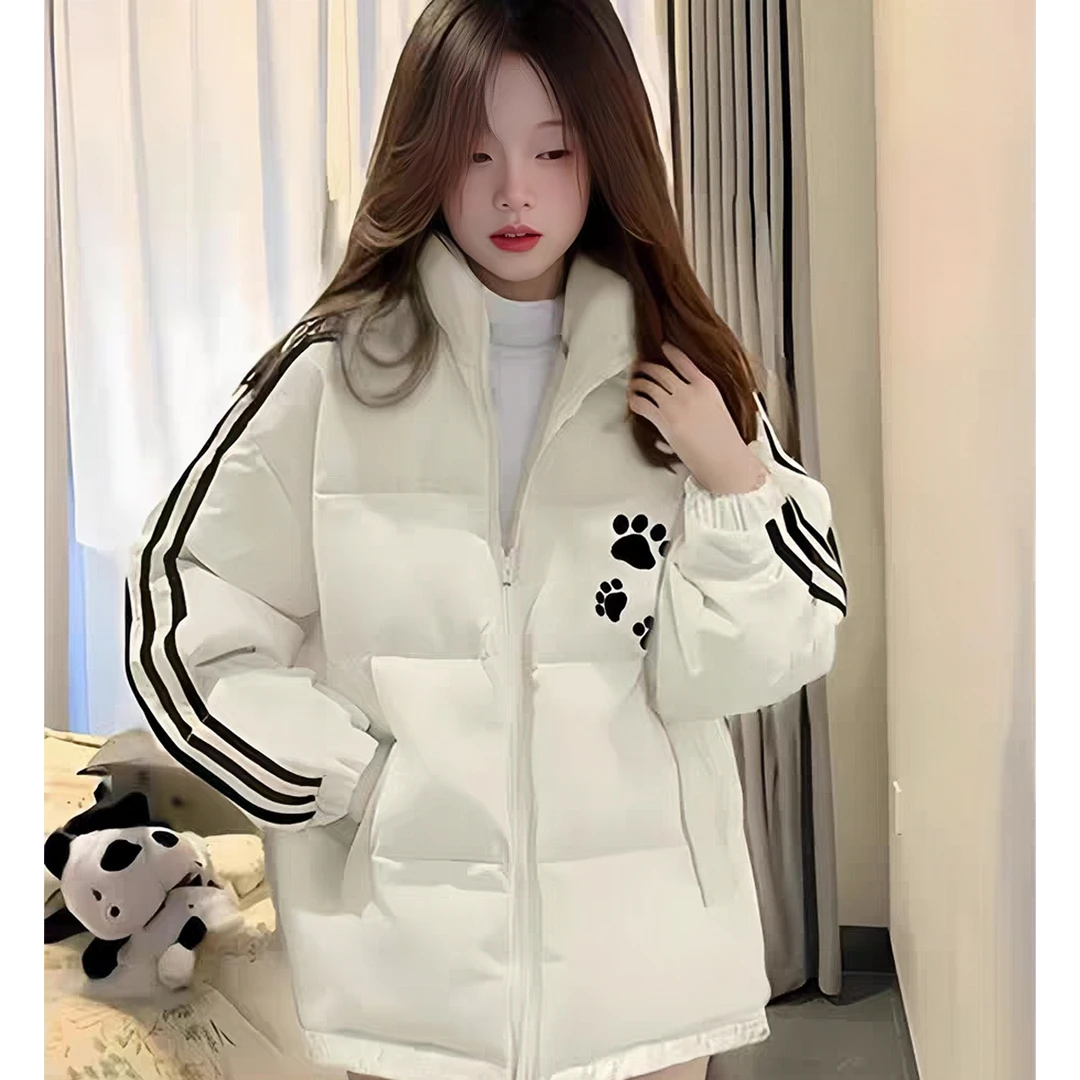 oversize三条杠保暖棉服女冬季新初中高中学生宽松加厚面包服外套