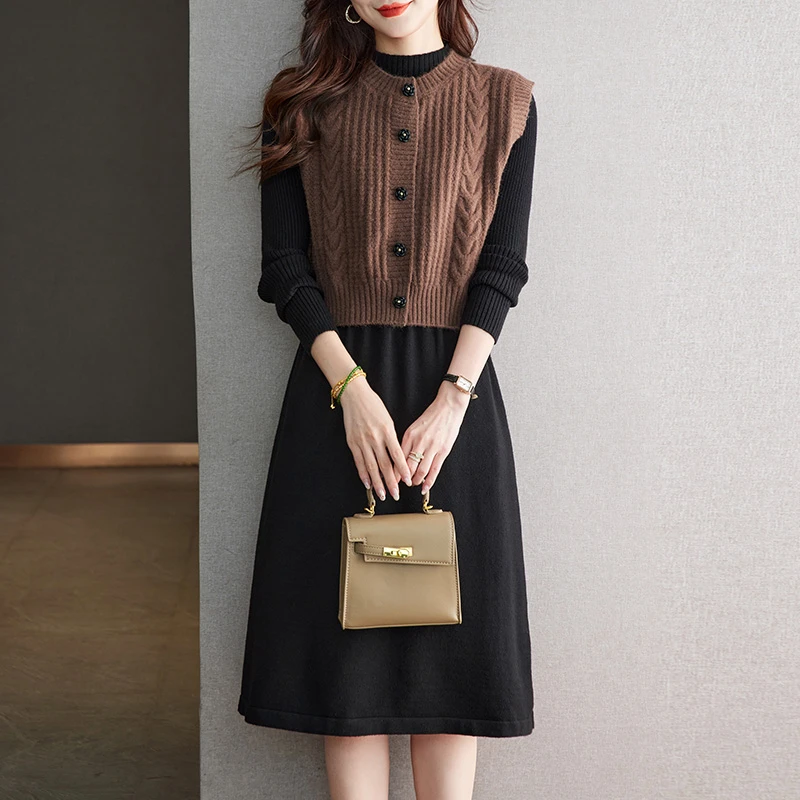 初秋穿搭高级感套装小香风连衣裙中长款针织毛衣裙马甲两件套裙装
