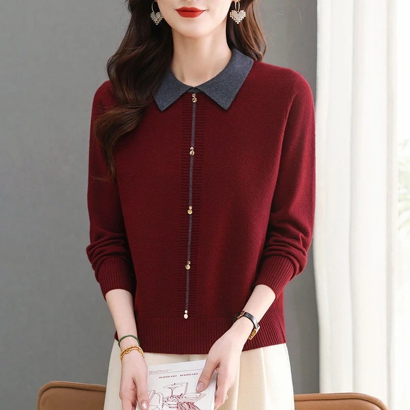 安可拉红色毛衣女气质翻领针织打底衫洋气妈妈长袖上衣秋冬羊毛衫