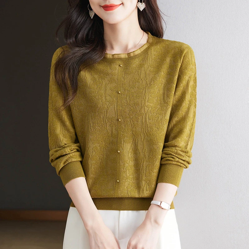 早秋针织上衣女长袖妈妈秋装2024新款短款羊毛毛衣薄款打底衫春秋