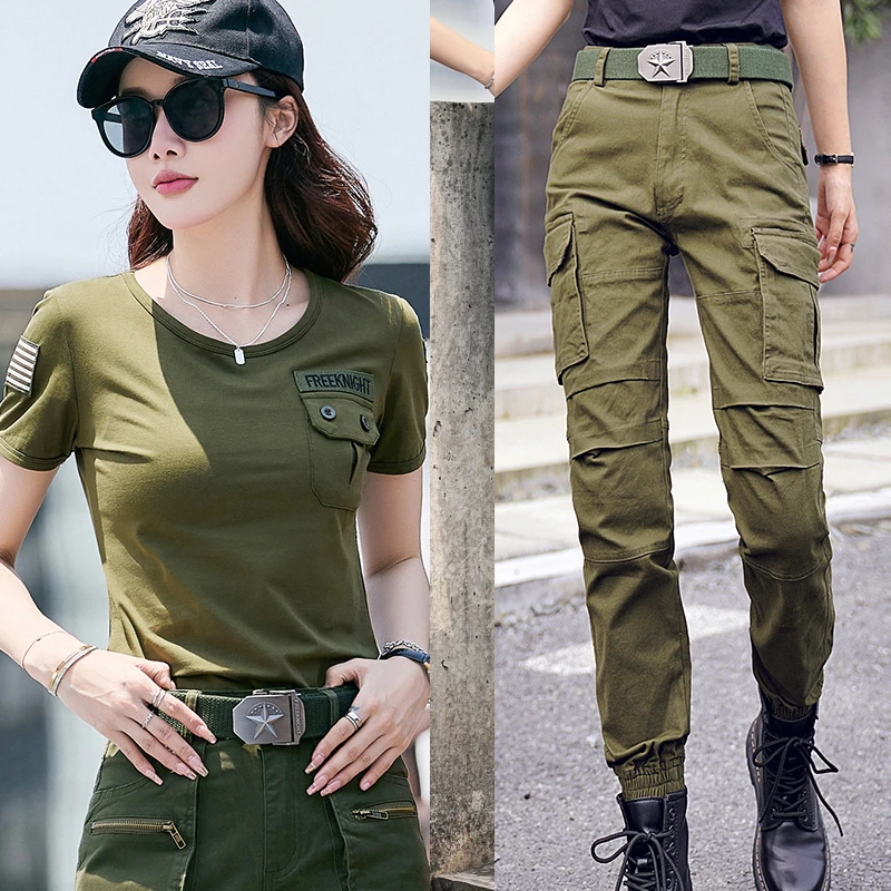 夏季迷彩工装套装女宽松显瘦短袖长裤女潮休闲服装高腰时尚夏季