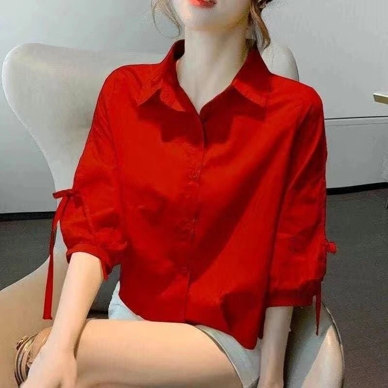 港风显瘦高级感轻奢七分袖衬衫高端洋气上档次上衣红色衬衣设计感