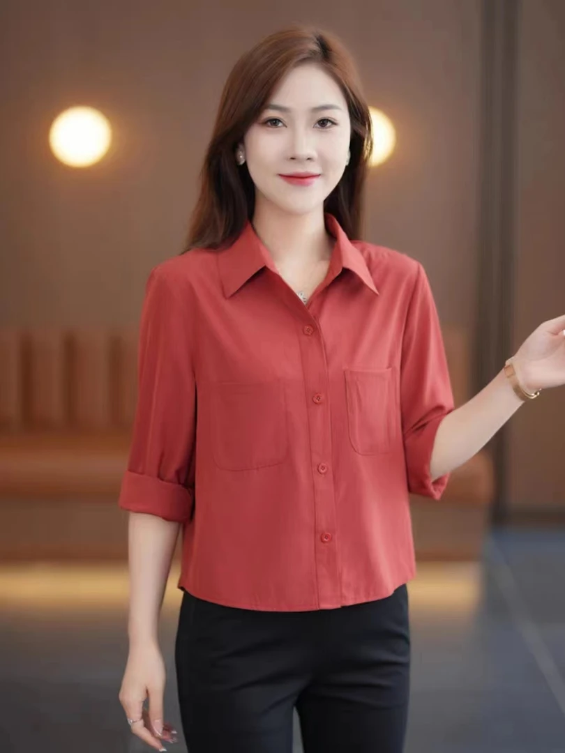 显瘦洋气纯色大码衬衣气质上衣遮肚子衬衫百搭妈妈女款打底长袖