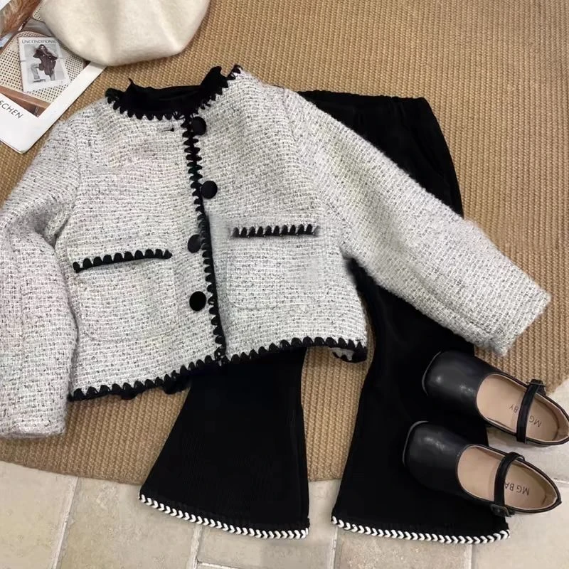 女童秋季小香风开衫上衣洋气小女孩小西装宝宝外套宝宝休闲喇叭裤