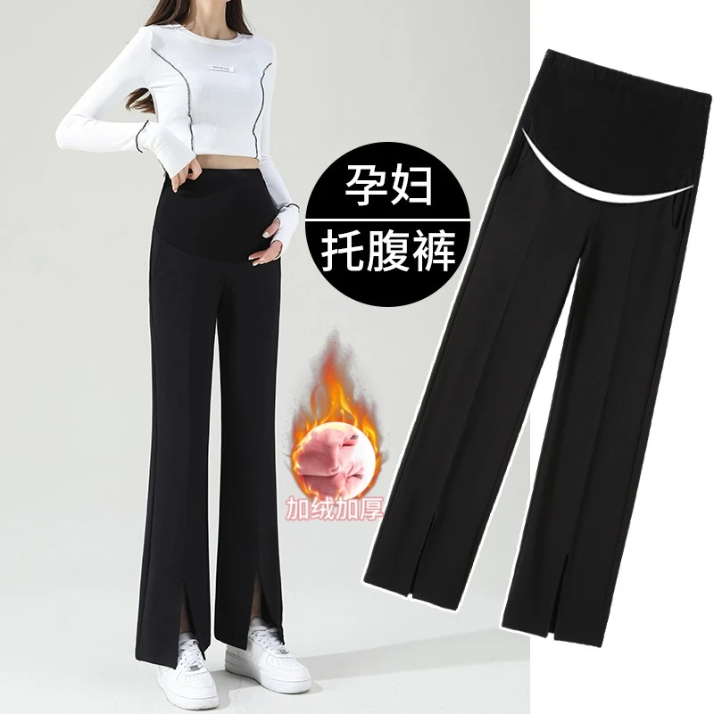 冬季孕妇裤加绒加厚外穿保暖阔腿裤开叉直筒显瘦宽松喇叭裤孕妇裤