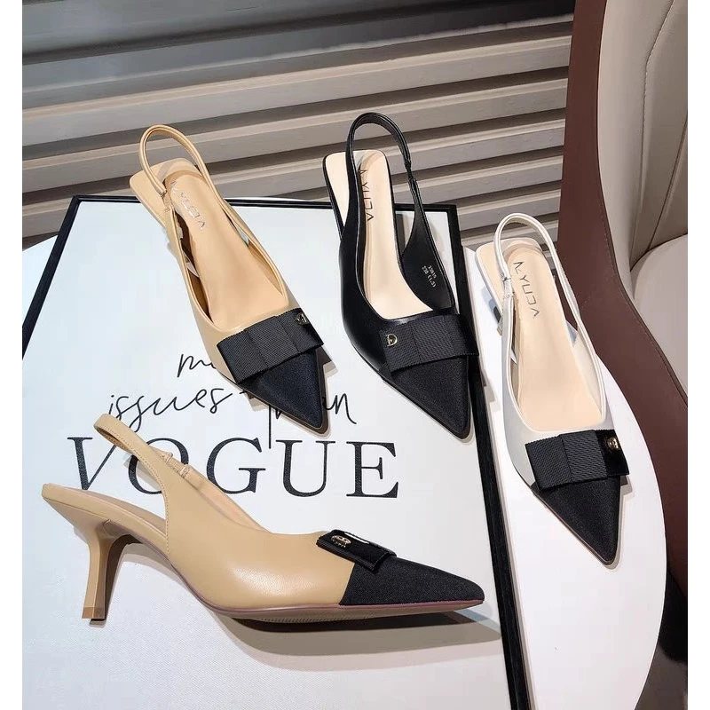 【新粉必拍】小香风拼色春夏后空蝴蝶结百搭细跟尖头高跟鞋 39599