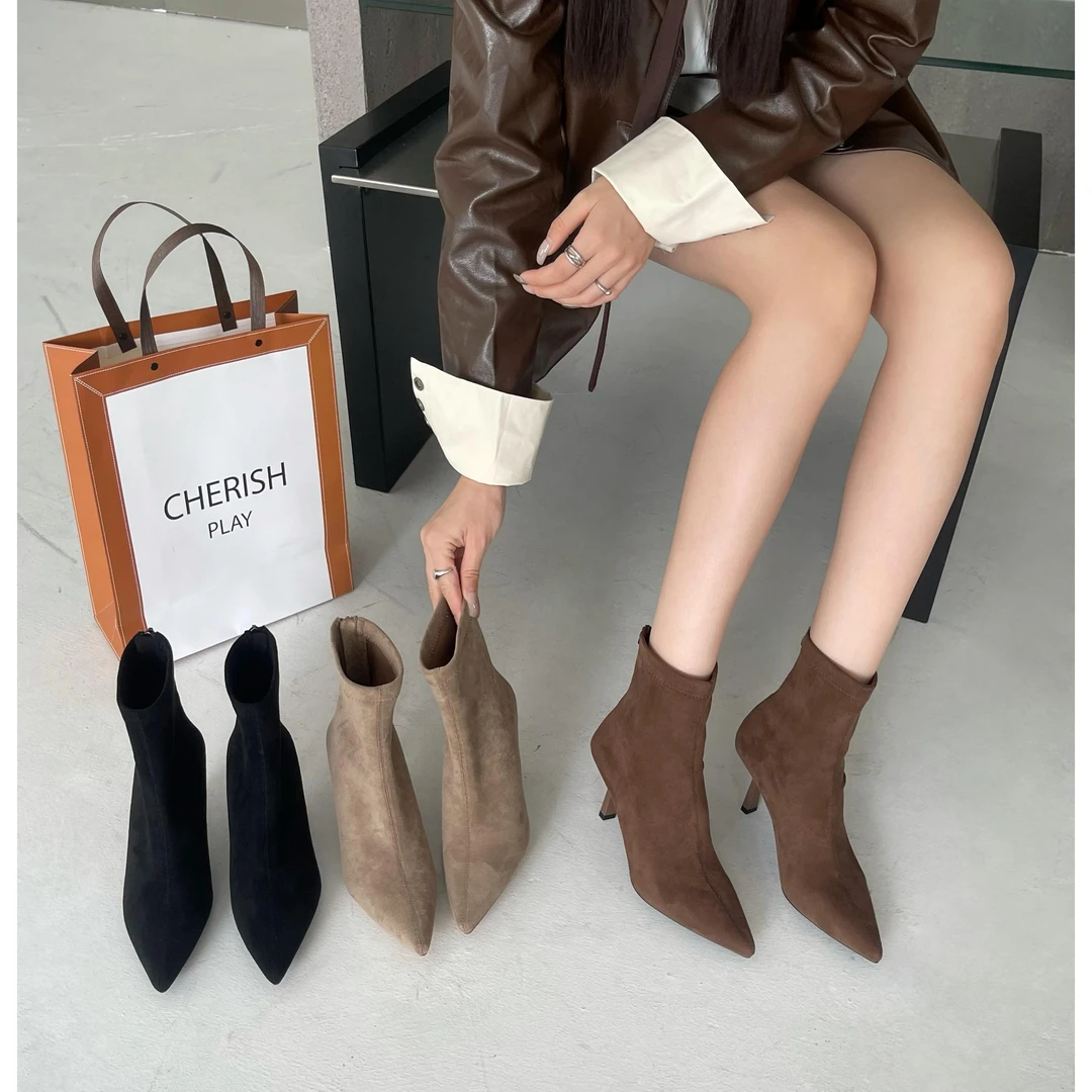 尖头细跟瘦瘦靴女2024秋季新款绒面后拉链软底舒适高跟短靴X168-2