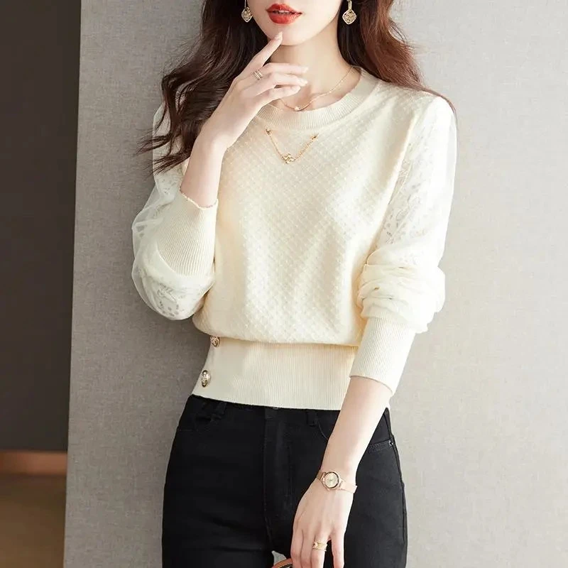 圆领蕾丝镂空打底衫毛衣女2025秋季新款气质针织衫百搭小个子上衣
