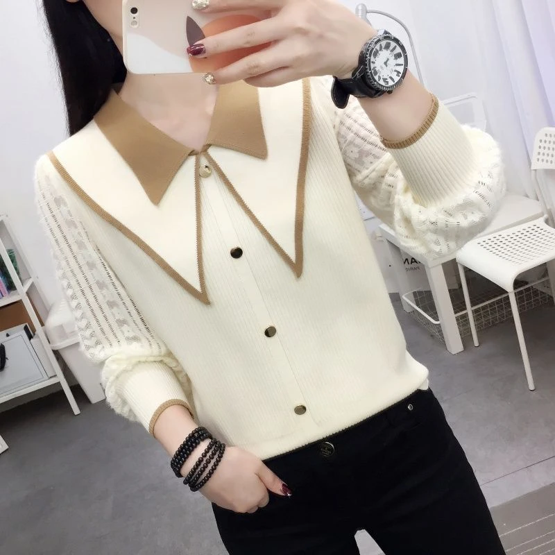 娃娃领针织衫打底衫毛衣女2025秋冬新款拼接显瘦时尚气质长袖上衣