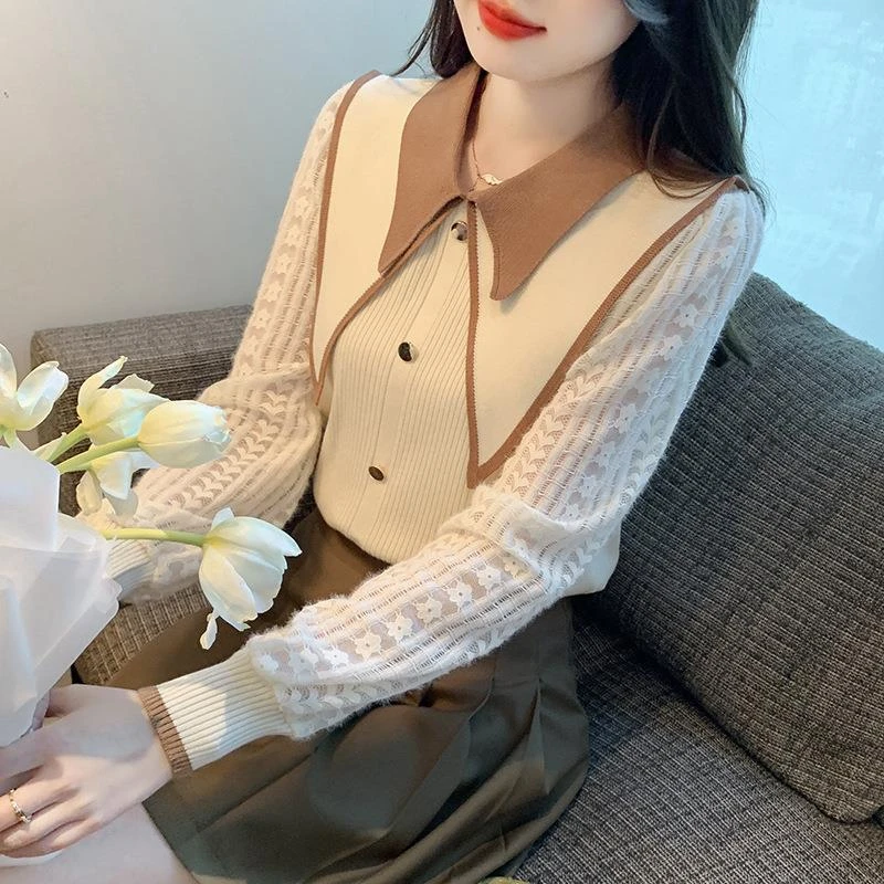 小香风娃娃领针织衫毛衣女2024早秋新款蕾丝拼接套头打底上衣百搭