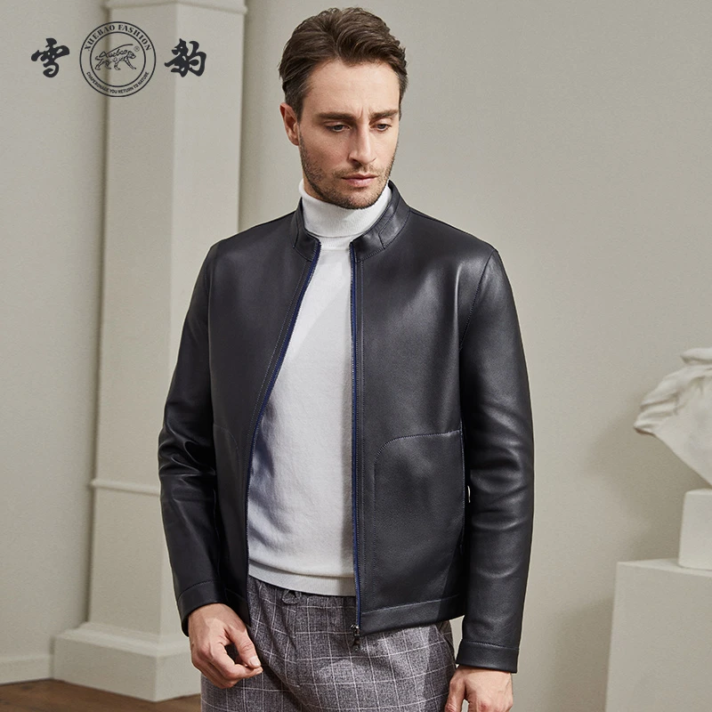 雪豹89536绵羊皮男款休闲通勤商务立领潮流百搭真皮皮夹克外套