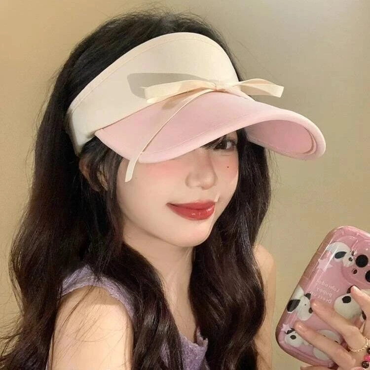 蝴蝶结拼色空顶防晒帽女夏季2024新款休闲百搭防晒遮阳帽-娜娜