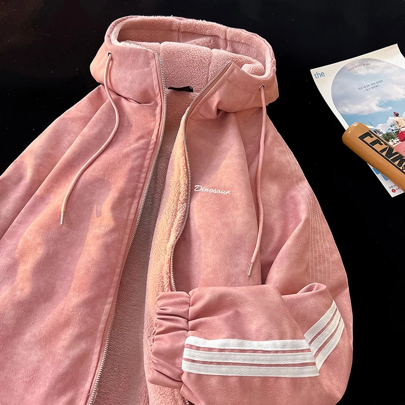 美式情侣连帽百搭休闲美拉德三条杠皮衣棉服男潮流羊羔绒内胆外套