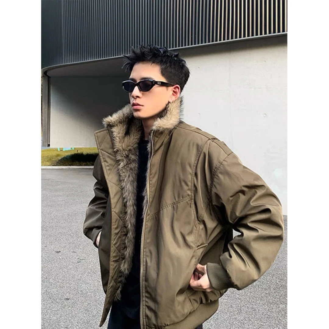 美式军绿色解构毛领棉服男秋冬加绒厚cleanfit棉衣外套座山雕夹克