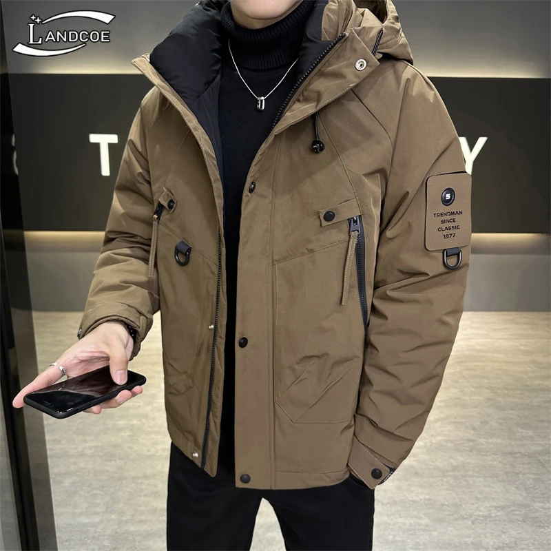 LANDCOE冬款羽绒服连帽户外工装短款男士冲锋衣防水防风厚外套