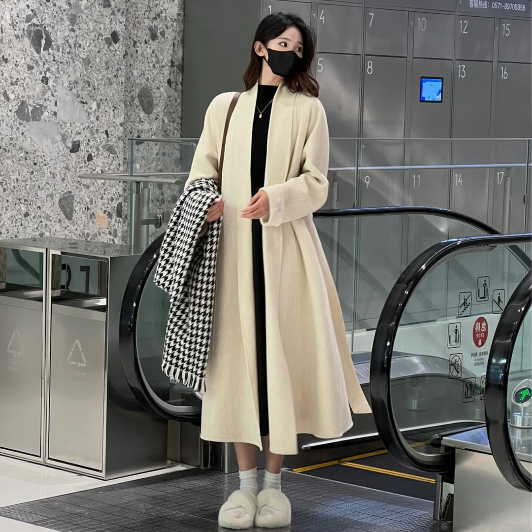 2023秋冬新款双面呢子大衣浴袍风中长款宽松复古气质毛呢外套女