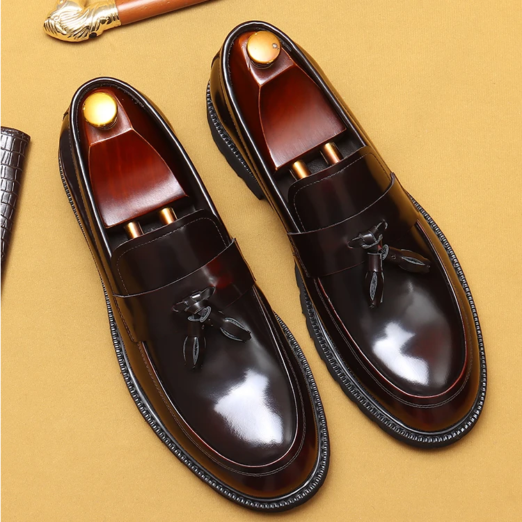 乐福鞋男款真皮厚底增高流苏亮面男士皮鞋一脚蹬商务正装皮鞋男鞋