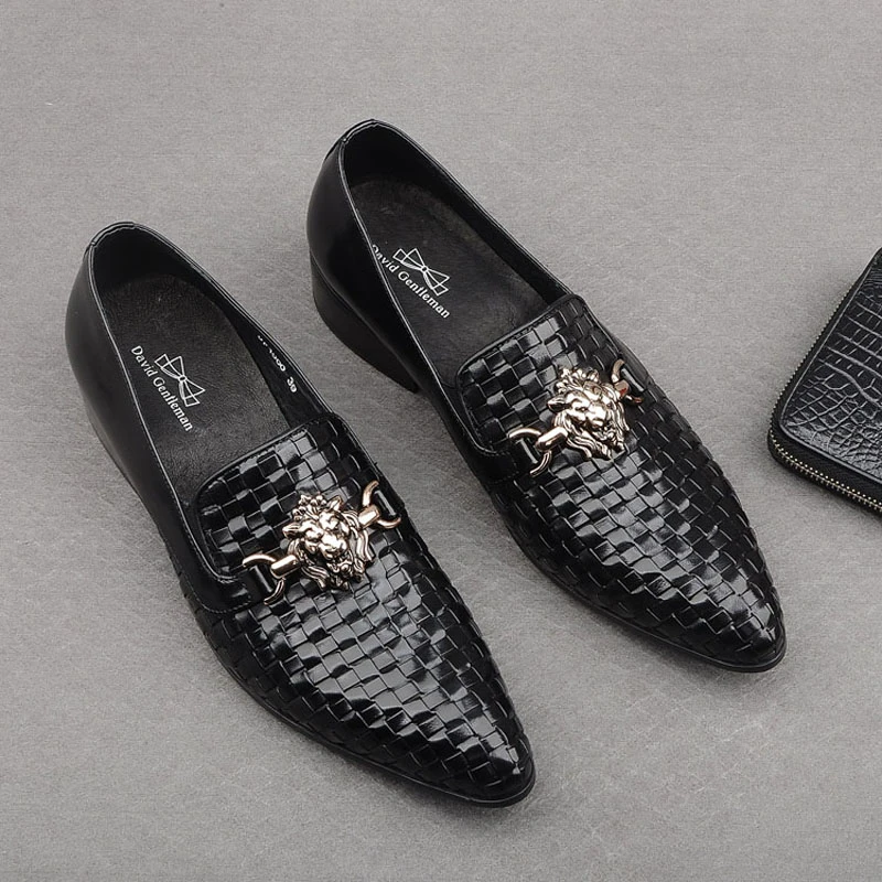 春夏韩版牛皮编织休闲男鞋英伦尖头青年皮鞋透气乐福鞋一脚蹬潮鞋