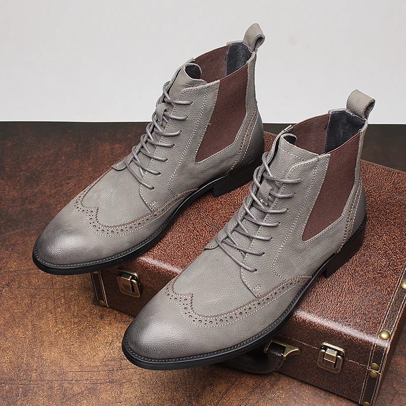 高帮马丁靴男真皮英伦风摔纹皮真皮短靴男尖头软面百搭工装靴子男