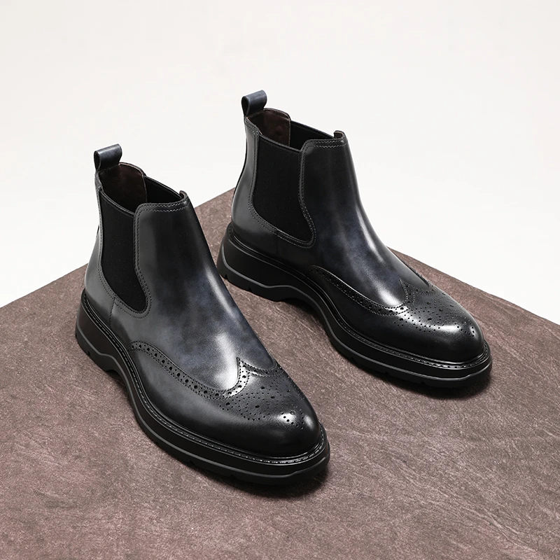 冬季高帮皮鞋男士商务休闲真皮短靴英伦厚底布洛克切尔西靴男增高