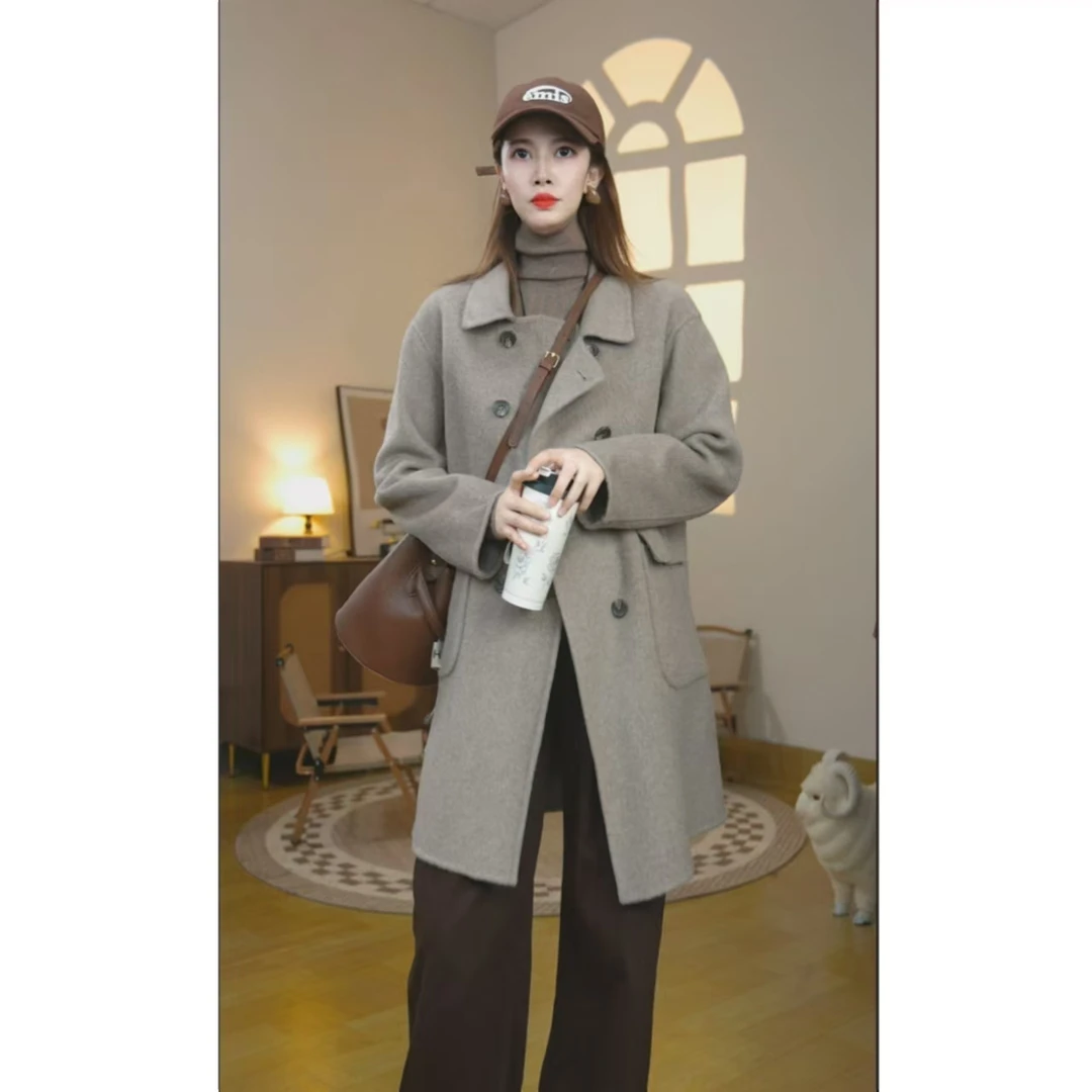 【专柜正品】双面绵羊毛大衣中长小个子外套82035韩系