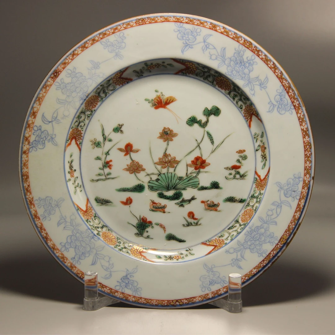 清康熙 青花五彩池塘鸳鸯纹赏盘 YF202409050003