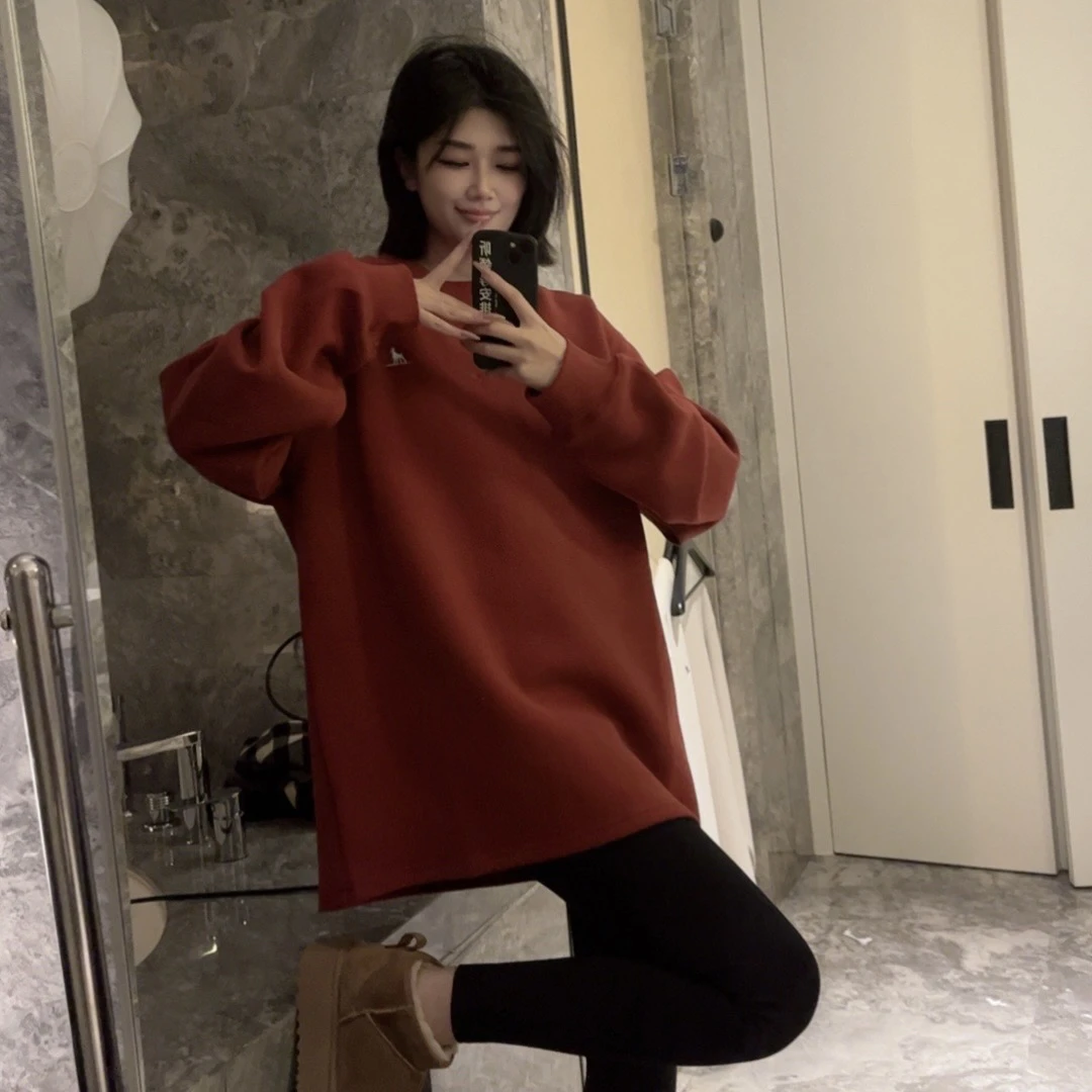 欧货热感绒大版卫衣圆领小刺绣