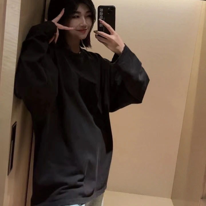 秋季大版宽松破洞卫衣女纯色休闲套头