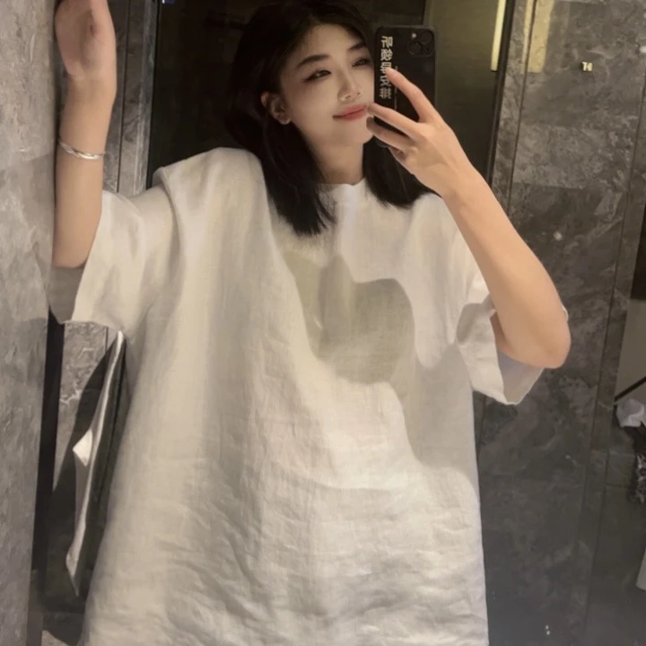 夏季100亚麻T恤欧货宽松短袖